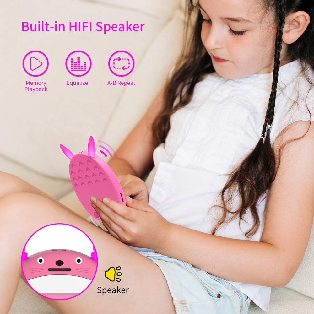 Wiwoo Bluetooth MP3 Player for Kids, 8GB Lossless Portable Music Player with Speakers, FM Radio, Voice Recorder, Video,Pictures, Kids Friendly MP3 Player with Cartoon Pattern Support Up to 128GB, Pink