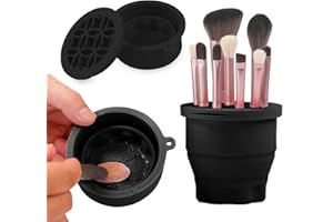 RANPHYKX Makeup Brushes Cleaner Mat with Brush Storage Holder, Folding Portable Washing Tool for Makeup Brush Cleaning, 2 In 1 Silicone Brush Cleaner Pad & Cosmetic Brush Organizer Rack (Black)