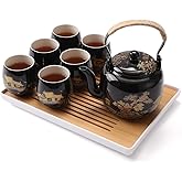 Dujust Japanese Tea Set, Black Porcelain Tea Set with 1 Teapot Set, 6 Tea Cups, 1 Tea Tray, 1 Stainless Infuser, Beautiful As