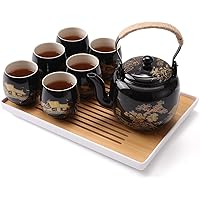 Dujust Japanese Tea Set, Black Porcelain Tea Set with 1 Teapot Set, 6 Tea Cups, 1 Tea Tray, 1 Stainless Infuser, Beautiful As