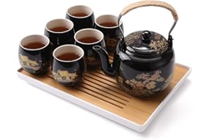Dujust Japanese Tea Set, Black Porcelain Tea Set with 1 Teapot Set, 6 Tea Cups, 1 Tea Tray, 1 Stainless Infuser, Beautiful As