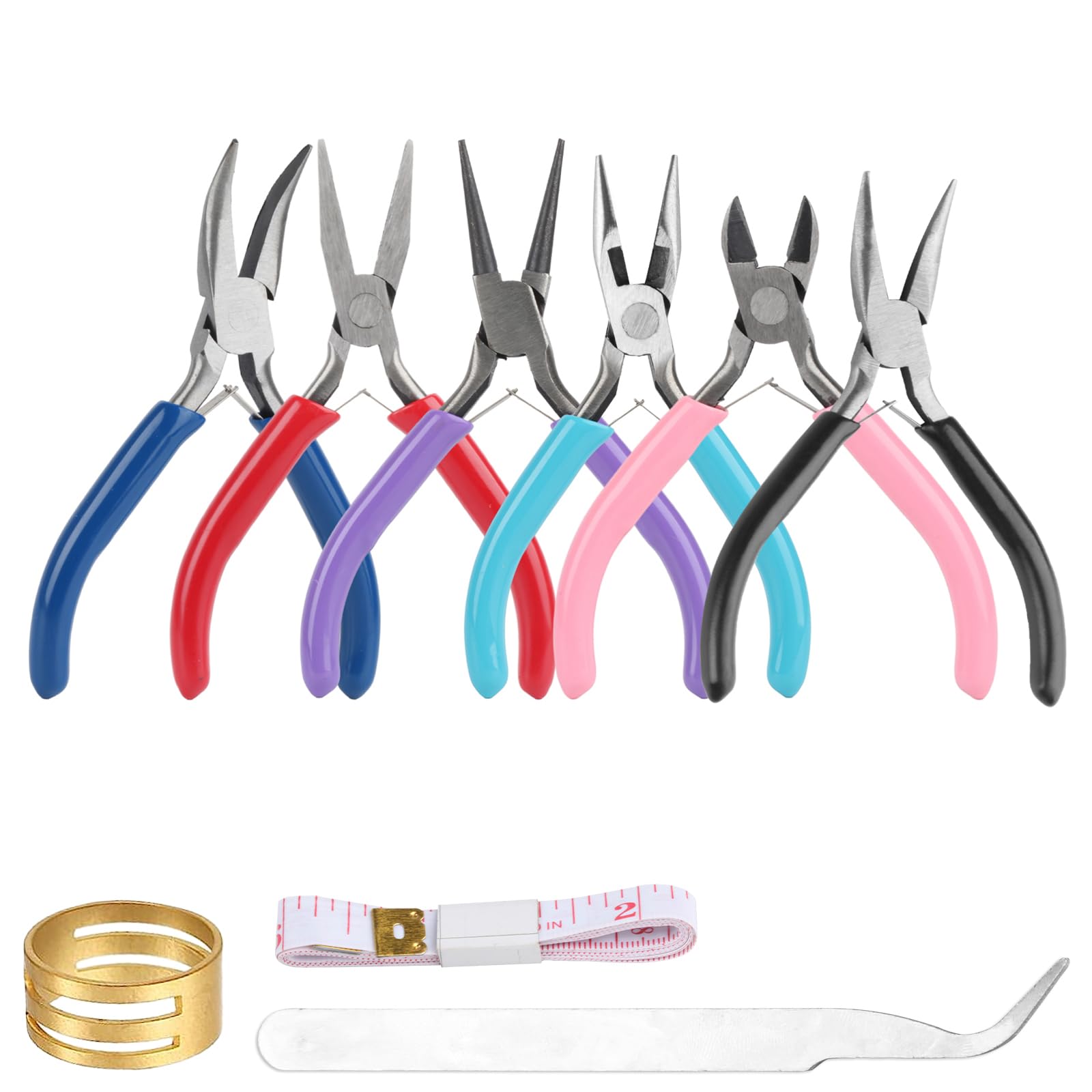 6 Pcs Jewellery Pliers Set, Jewellery Making Tools, Diagonal Round Nose Bend Needle Nose Pliers for Crafting, with Tweezers Ring Ruler