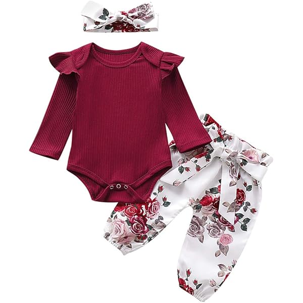 Baby Girl's First Christmas Outfit Set - Ruffle Romper, Flare Pants & Headband 3-Piece Ensemble