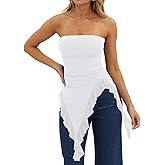 Womens Strapless Tube Tops Summer Asymmetrical Long Ruched Mesh Shirts Cute Y2k Ruffle Hem Going Out Bandeau Top