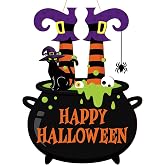 Halloween Decorations Wooden Happy Halloween Door Wreath for Front Door Sign Witch Feet Wall Signs, Black Cat Spider Welcome Sign Hanging for Home Wall Decor Party Outdoor Indoor Supply Vintage Office