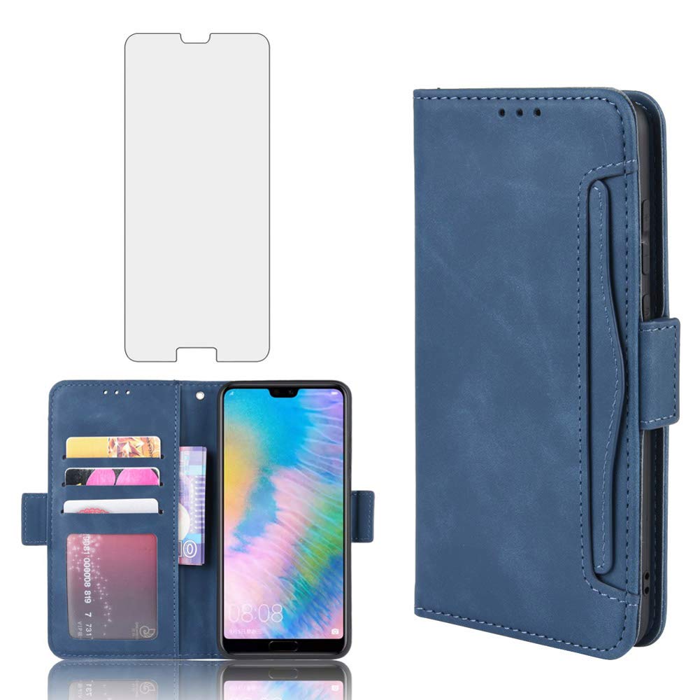 Phone Case for Huawei P20 Pro With Tempered Glass Screen Protector Card Holder Slot Stand Kickstand Shockproof Protective Wallet Purse Leather Flip Cover Huwai Hawaii P 20Pro P20pro huaweip20pro Blue