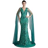 Ikerenwedding Sparkly Sequin Prom Gown Celebrity Gala Pageant Mermaid Evening Dress with Sheer Sleeves