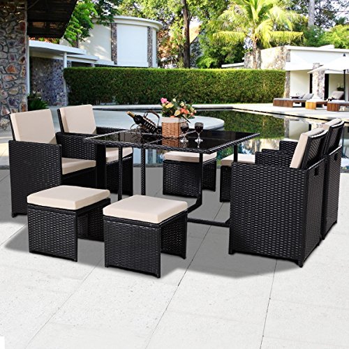 Tangkula 9 PCS Black Patio Garden Rattan Wicker Sofa Set Furniture Cushioned W/Ottoman (Black)