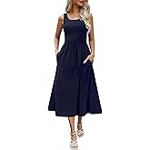 Maggeer Women's 2025 Summer Spring Sleeveless Smocked Tiered Scoop Neck Midi Tank Top Dress with Pockets