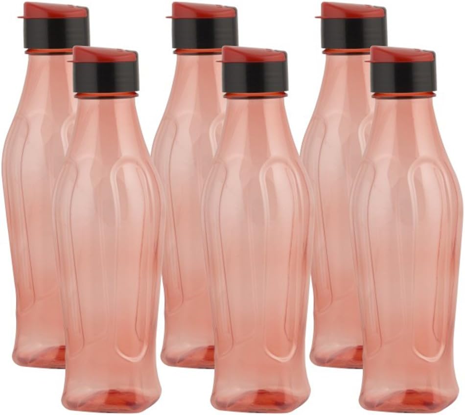 Pearlpet Plastic Zed Water Bottles, 900 Ml, Pack of 6, Red
