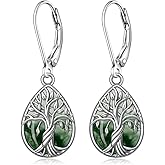 Sterling Silver Tree of Life Earrings for Women Moss Agate Earrings Moss Agate Jewelry Dangle Drop Leverback Teardrop Birthday Gifts