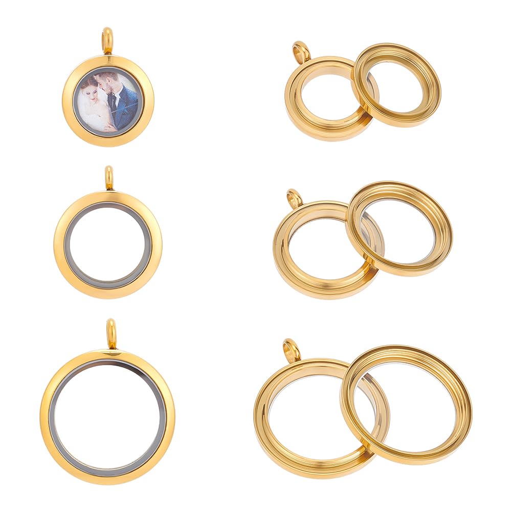 UNICRAFTALE about 3 pcs 3 Size Memory Locket Pendants Glass Photo Charms Round Floating Lockets Charms Golden Stainless Steel Pendants Picture Frame Bouquet Charms for Photo Jewelry Making