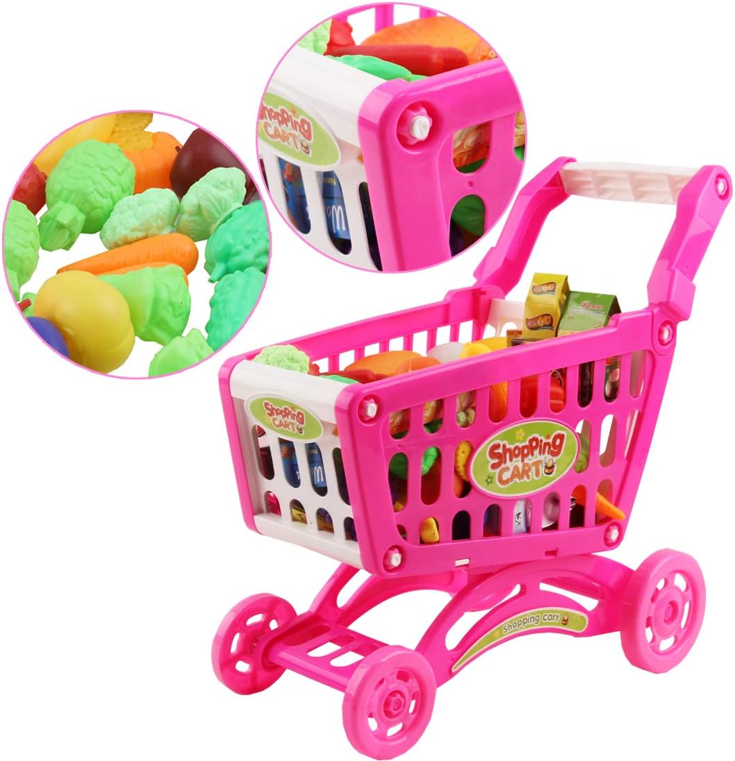deAO Kids Shopping Cart Trolley Toys, 65 PCS Supermarket Playset Cart with Food Fruit Vegetables - Image 4