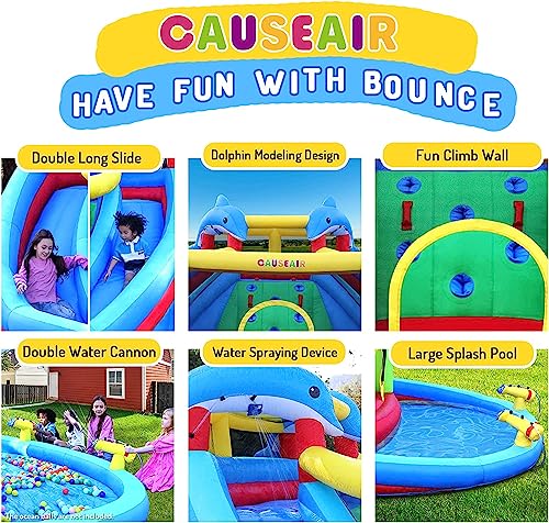 Causeair Inflatable Water Slide with Bounce House,Dolphin Styling,Splashing Pool,Double Water Cannon,Climbing Wall,Heavy Duty GFCI Blower,Inflatable Water Park Slide for Kids Backyard Summer
