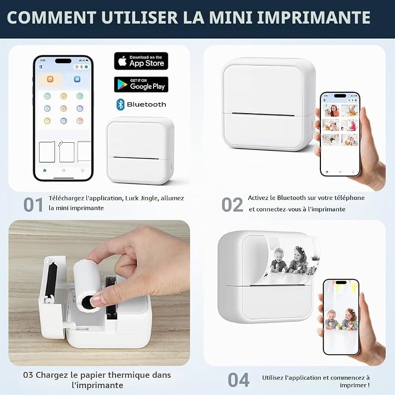 Mini imprimante, imprimante d'autocollants avec 6 rouleaux de papier thermique, imprimantes thermiques de poche portables, imprimantes photo sans encre Bluetooth sans encre avec batterie