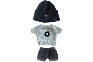 niannyyhouse Doll Clothes Suit 7.8in/20cm Plush Doll Clothes Hat + Sweater + Shorts 3-Piece Set Doll Dressup Square Face Hat Denim Shorts White Sweater (Grey)