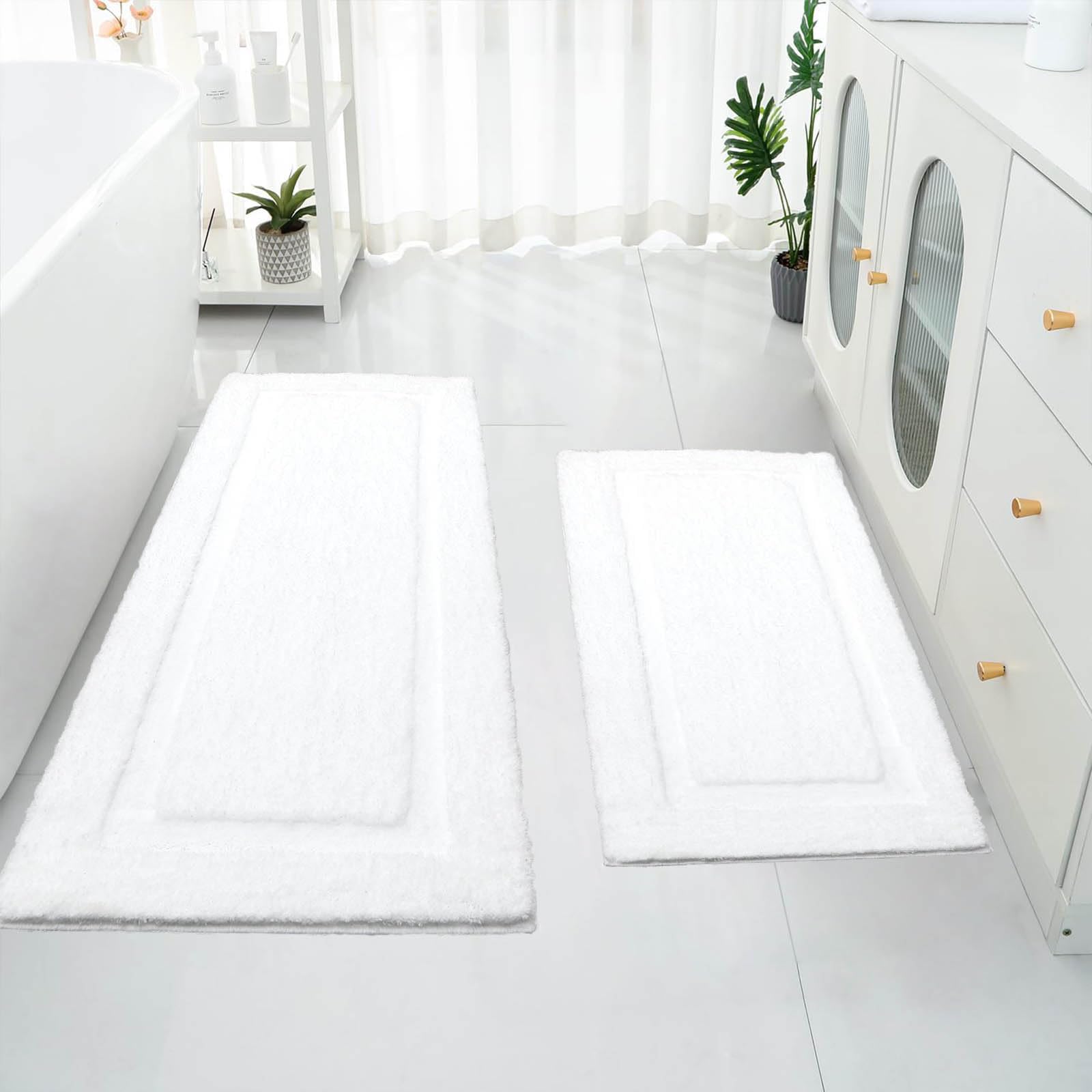 Photo 1 of **DIRTYT**  SHACOS Super Soft Bathroom Runner Rugs Set of 2 Pieces 20x47 + 20x32 inch Fluffy Absorbent Bath Mats Non Slip Bath Rugs Bathroom Carpet Machine Wash Dry, White