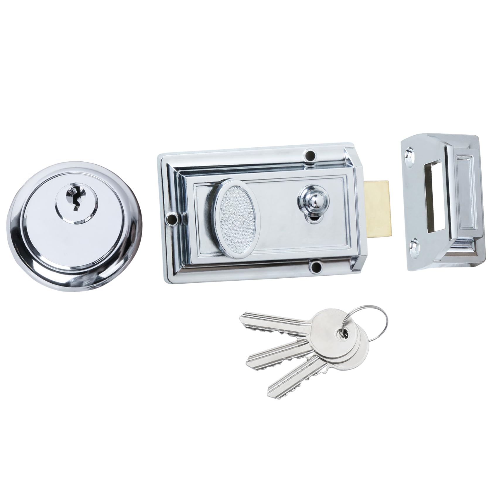 DIDA® Traditional Nightlatch with 3 Copper Keys, Premium Solid Brass Rim Cylinder, 60mm Backset, Suitable for Doors 38 to 57 mm Thick, Polished Chrome Finish, High Security Front Door Lock