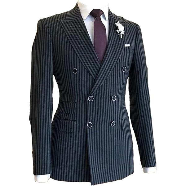 Cdkoke Men's Stripe Blazer Double Breasted Buttons Peak