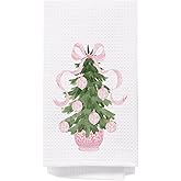 SPBL&L Chinoiserie Christmas Kitchen Towels, Pink Bow Tree Decorative Hand Towels for Bathroom, 16x24 Inch