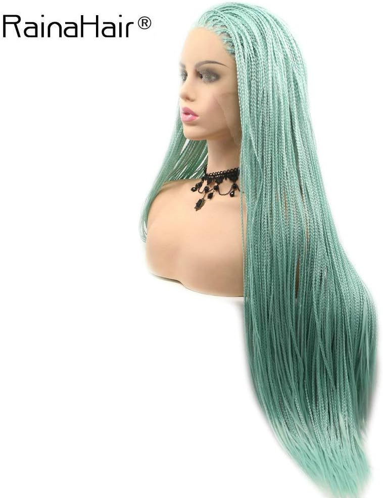 RainaHair 26inch Box Braided Wigs Drag Queen Afro America Blue Synthetic Lace Front Wigs for Women Ladies Cosplay Party Festival Long Braids Hair - Image 3