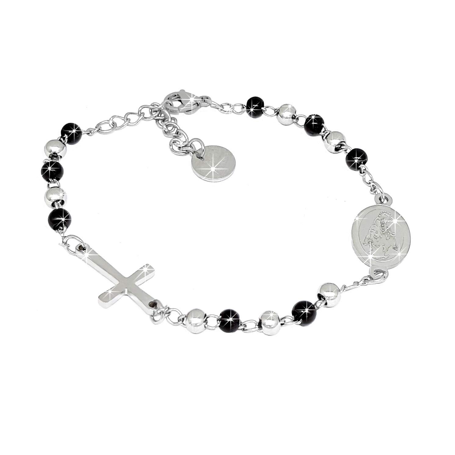 SAGA GIOIELLI® Black And Silver Rosary Beads Bracelet Stainless Steel Gift Box