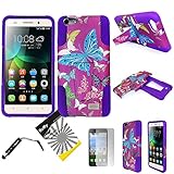 For Huawei Raven LTE H892L ITUFFY 3items: Screen Film+Stylus Pen+Dual Layer Impact Resistance Plastic Cover Soft Rubber KickStand Hybrid Case (Purple Color Butterfly)