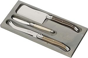 Jean Dubost Laguiole 3-Piece Cheese Knife Set, Linen Handles - Rust-Resistant Stainless Steel - Includes Wooden Tray - Made i