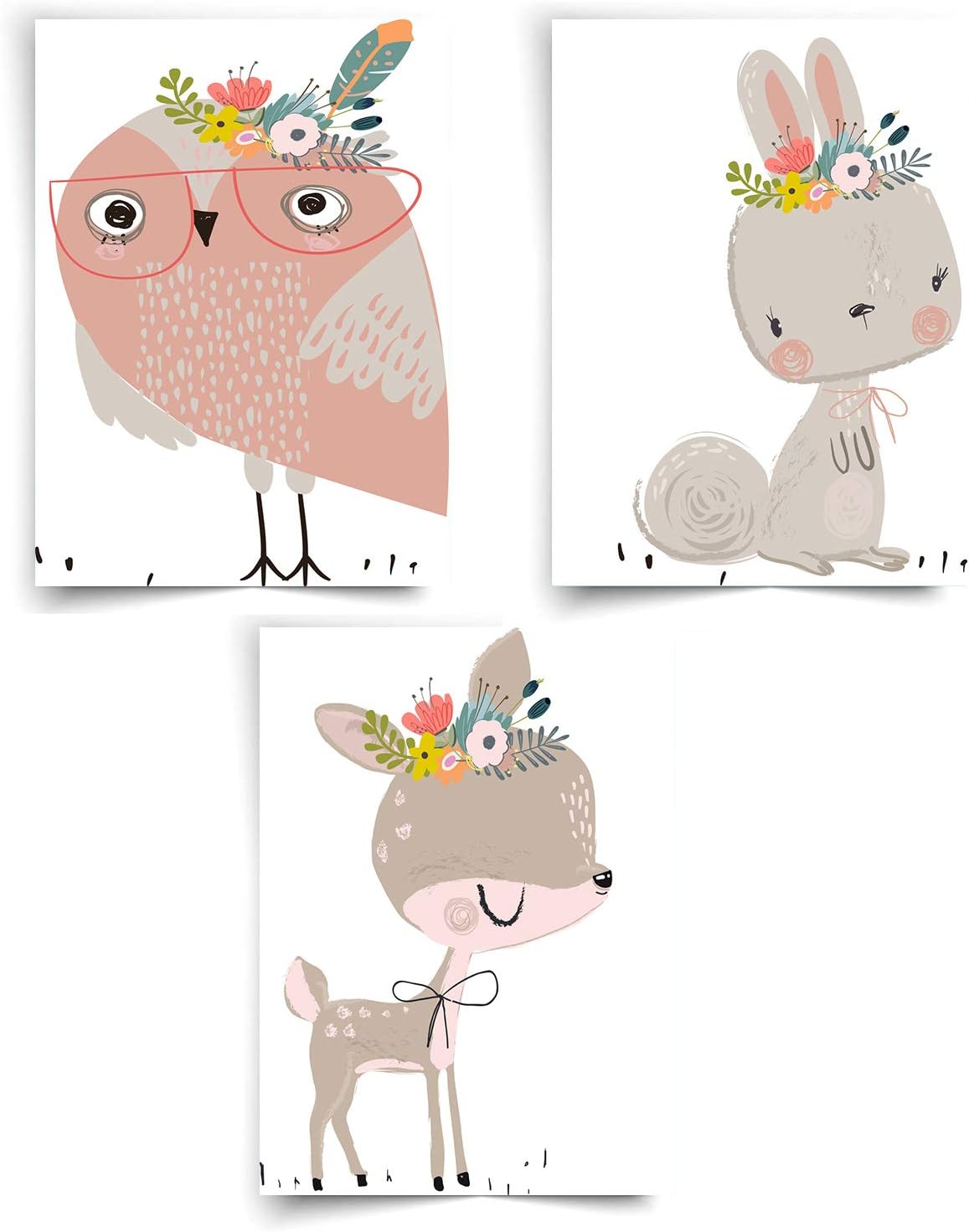 Ciujoy Unframed Cartoon Wall Pictures 3 Panels for Kids Room Owl Rabbit Deer Animal Inspirational Canvas Print Art Posters For Girls Boys Bedroom Nursery Home Living Room Bedroom Decor 21x30cm