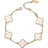 Gold Bracelet for Women Mother of Pearl Clover Bracelet 14K Gold Plated Dainty Four Leaf Clover Jewelry, Adjustable Charm Bracelets for Women Trendy, Elegant Gifts for Her