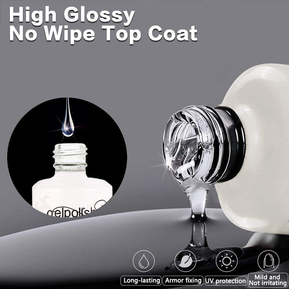 Vishine 15ml No Wipe Top Coat Base Coat Gel Nail Polish Soak Off UV LED Drying Long Lasting Shiny Nail Varnish Set: Health & Personal Care