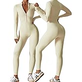 AEEZO Womens Long Sleeve Workout Jumpsuit Zip Up Yoga Rompers Sexy Tummy Control One Piece Bodycon Bottom Pants