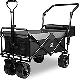 Collapsible Folding Wagon Cart Utility Wagon with Rear Bag Adjustable Push Pull Handle, All Terrain Beach Wagon with Big Whee