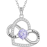 Birthstone Love Heart Infinity Pendant Necklace - 925 Sterling Silver Firework-Cut Cubic Zirconia Love Forever Infinity Necklace Anniversary Birthday Jewelry Gift for Women Wife Mom Daughter