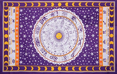Purple Zodiac Horoscope Tapestry, Indian Astrology Hippie Wall Hanging, Divine Ethnic Decorative Gift Art, Sun Moon Celtic Zodiac Tapestry