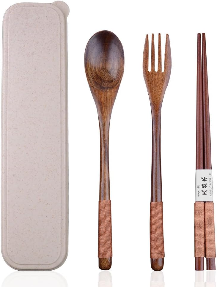 OFUN Bamboo Cutlery,Bamboo Utensils Travel Wooden Cutlery Set with Case, Reusable Office Lunch Box Cutlery, Japanese Chopsticks Fork Spoon Camping Flatware Set of 3