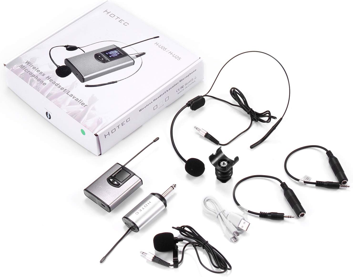 Hotec UHF Wireless Headset Microphone/Lavalier Lapel Mic with Bodypack Transmitter and Mini Rechargeable Receiver 1/4" Output, for Live Performances, Support Phone: Musical Instruments