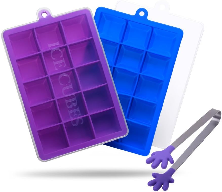Keidason Silicone Ice Cubes Tray Mold with Sealed Lid-FDA Food Grade Set with 30 BPA Free,Flexible and Easy for Whiskey Cocktails, Pack of 2 with a Mini Tongs(Purple & Blue)