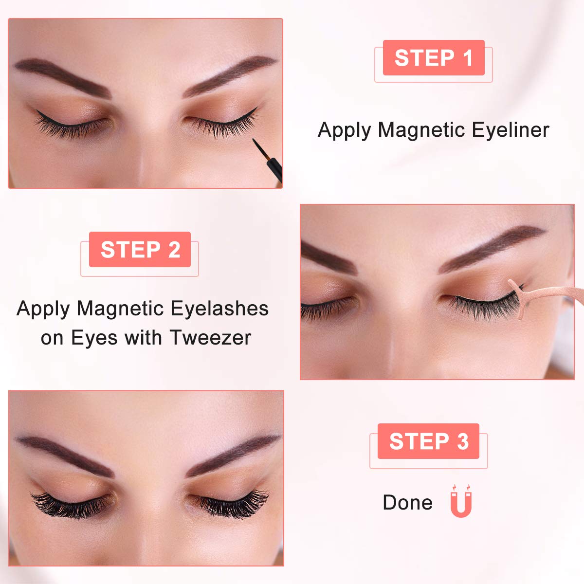 Magnetische Wimpern Eyeliner Kit, 6 Paar Natürlich Wasserdicht Falsche Magnetische Wimpern, 3D Wiederverwendbar Magnetischer Eyeliner 10Ml, Leder-Geschenkbox (Roségold)