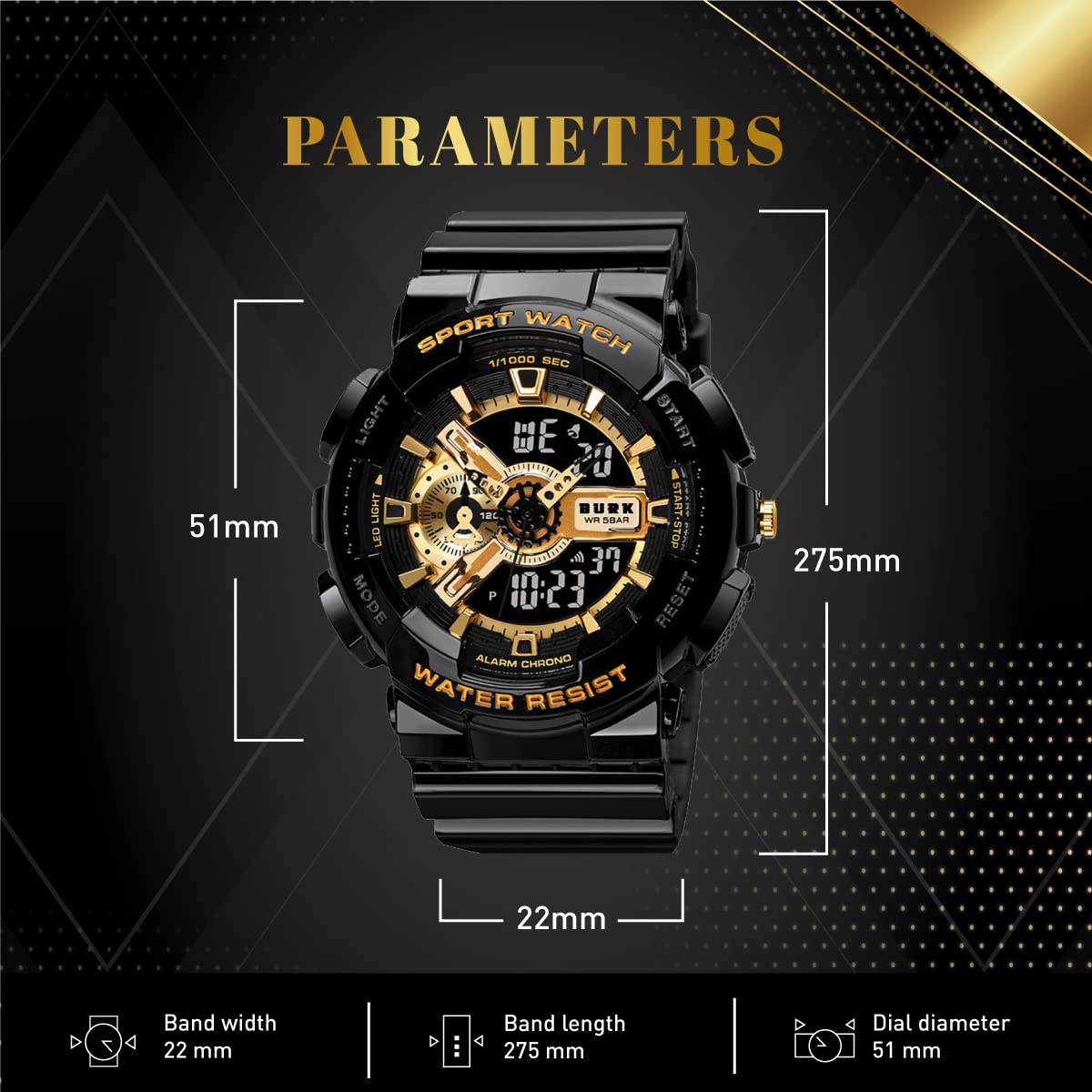 BURK 1688BKGD Military Wristwatch Men Water Shock Resistant Dual Time Sports Digital LED Display