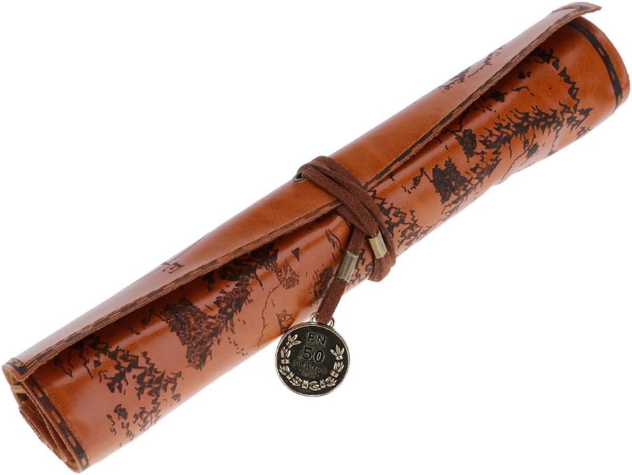 Singhi Personalized Large Stationery Pencils Vintage Style Leather Scroll Treasure Map Roll Pencil Case Bag Pen School Pouch Innovative Gift-Flat Light Brown