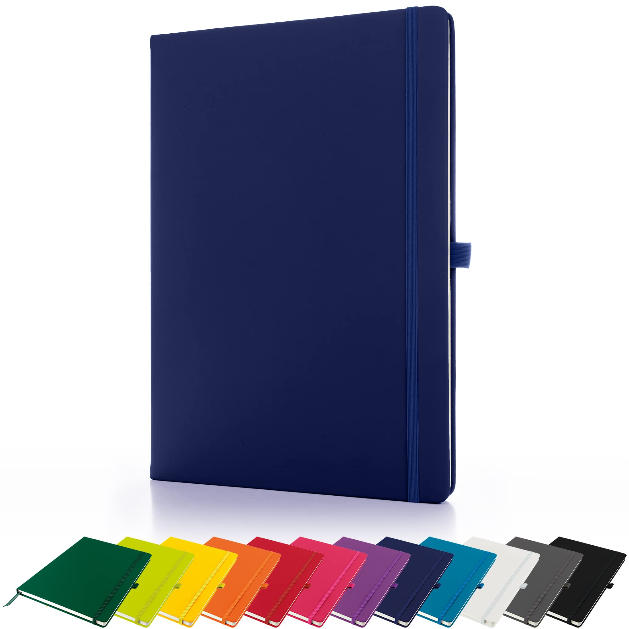 Savvy Bee Premium A4 Notebook New Lined Hardback Journal with Pen Loop,196 Page, Elastic Closure and Ribbon Marker Notepad Note Book Notes Pad (Navy)