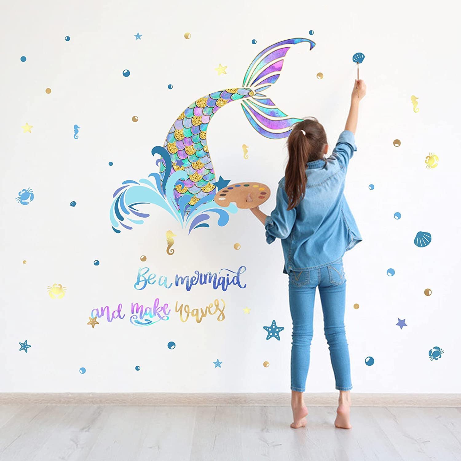 Wajade Violet Mermaid Wall Decals Under the Sea Wall Sticker Peel and Stick Removable Wall Mural Wall Art for Girls Bedroom Playroom Nursery Baby Room
