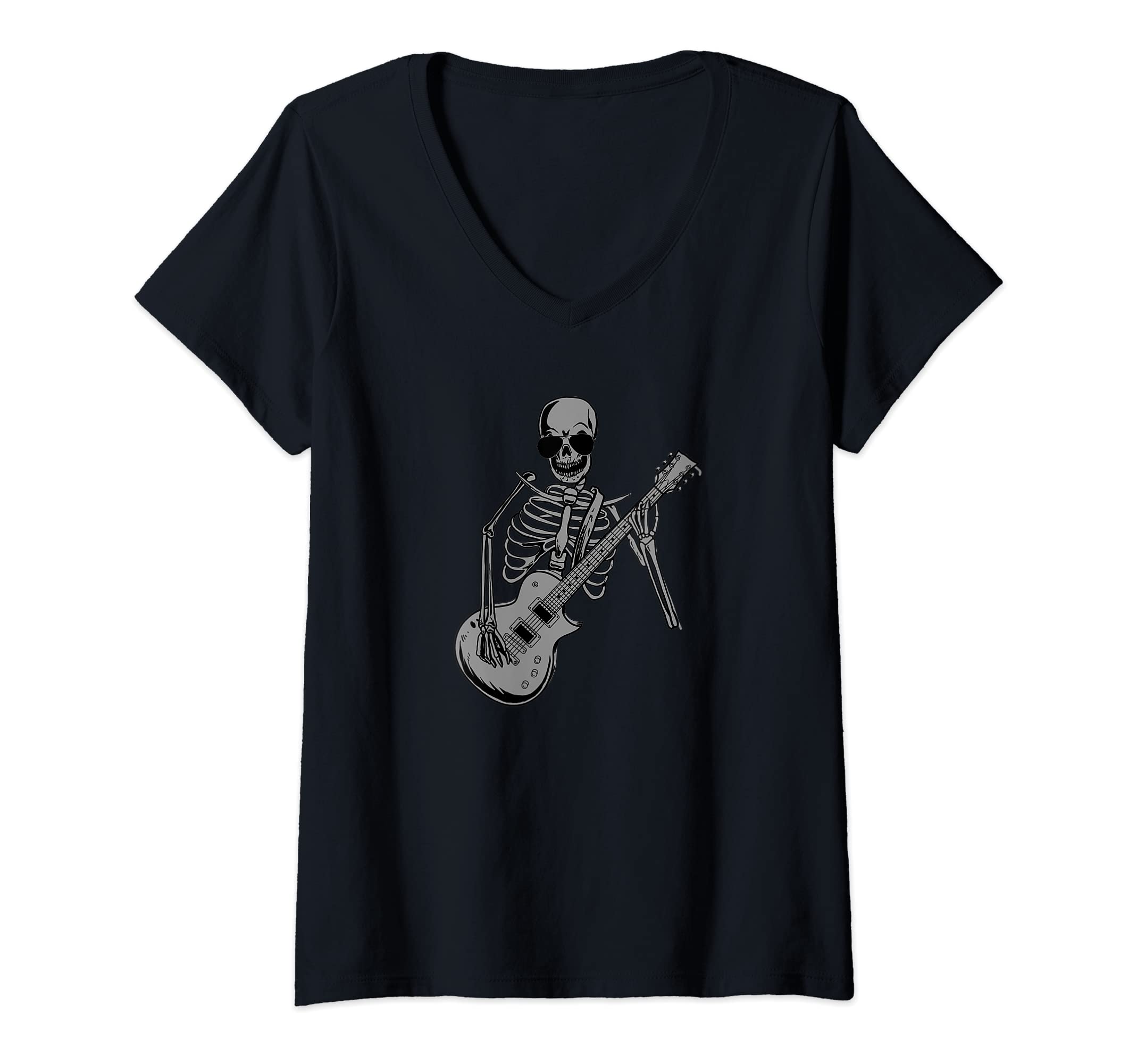 Womens Electric Guitar Skeleton Musician - E-Guitar Rock Guitarist V-Neck T-Shirt