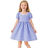 HILEELANG Girls Cotton Dress Gingham Plaid Short Sleeve Casual Dress | Soft Cotton Fabric, Classic Gingham Plaid, Short Sleeves, Functional Buttons, Sweet Vintage Style for Girls Everyday Wear