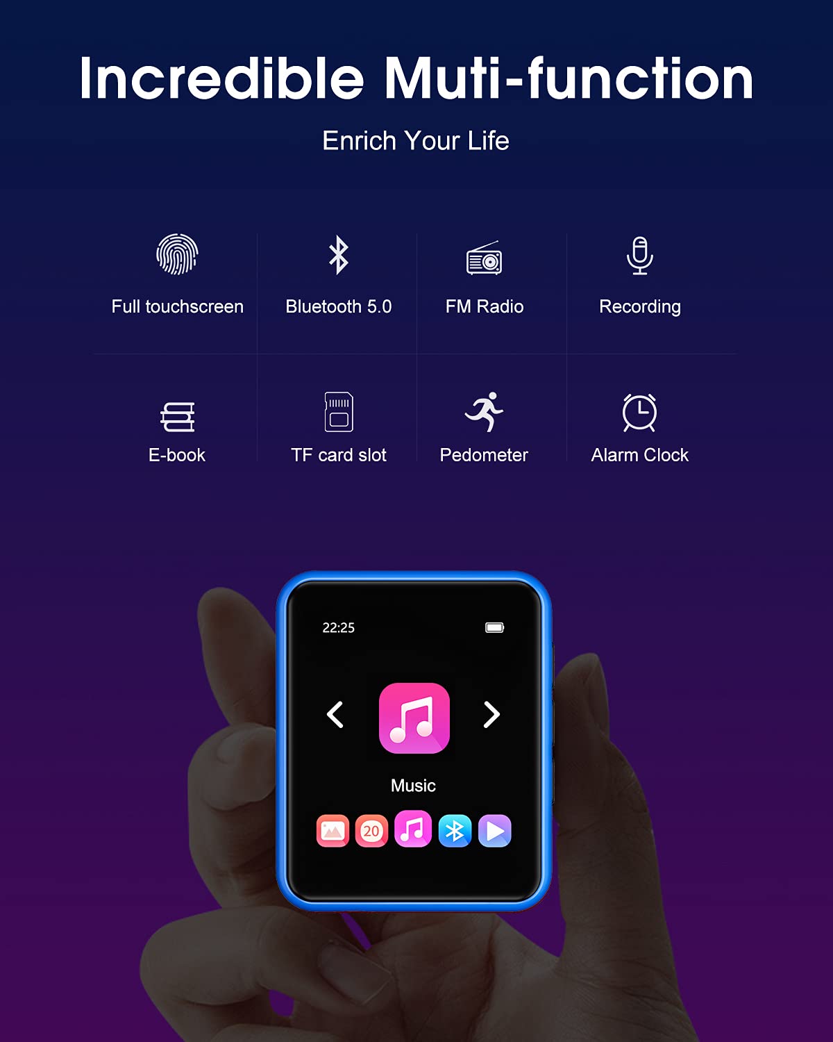 MP3 Player with Bluetooth 5.0 Portable HiFi Lossless Sound MP3 Music Player and FM Radio Recorder E-Book 2.4 inch Screen Maximum Support 128GB（Blue）