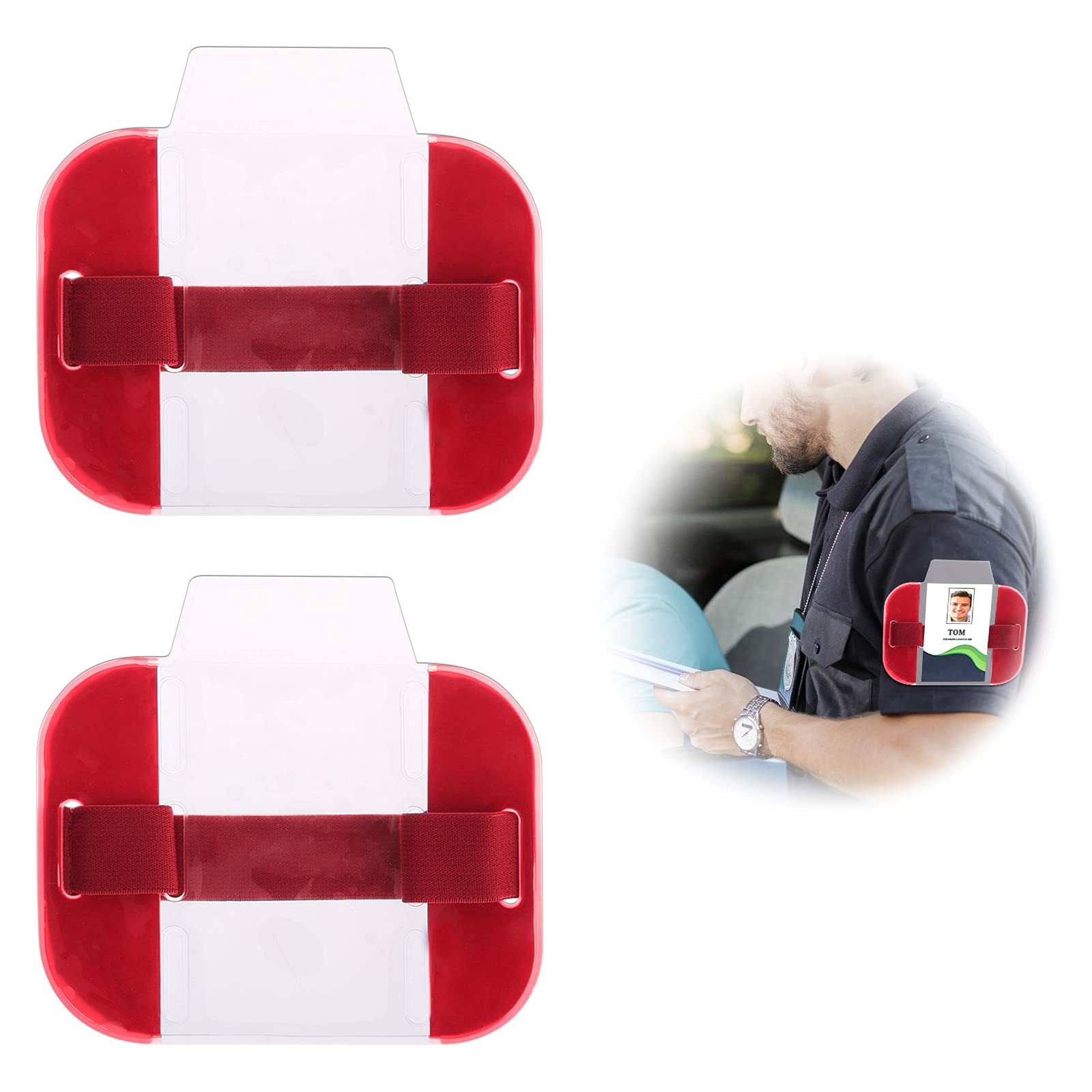 LdawyDE Sia Badge Holder Armband, 2 Pc Arm Badge Holder Red Armband License ID Card Insignia Holders with Adjustable Arm Band Strap for Medical Security Warehouse Factory Staff Doorman