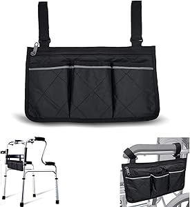Wheelchair Armrest Accessories, Side Bags to Hang on Side with Bright Line Waterproof Black Walker Storage Pouches for Home/Outdoor/Baby Cart (Black Side)