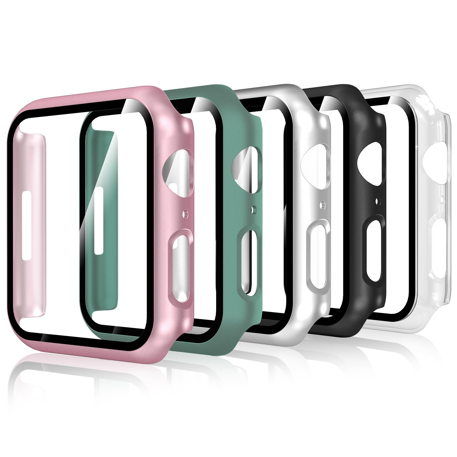 Bigqin 5 Pieces Case Compatible with Apple Watch 9/8/7 45 mm, Screen Protector Tempered Glass Case, Full Cover, Anti-Scratch, Transparent, Black, Silver, Pink, Green