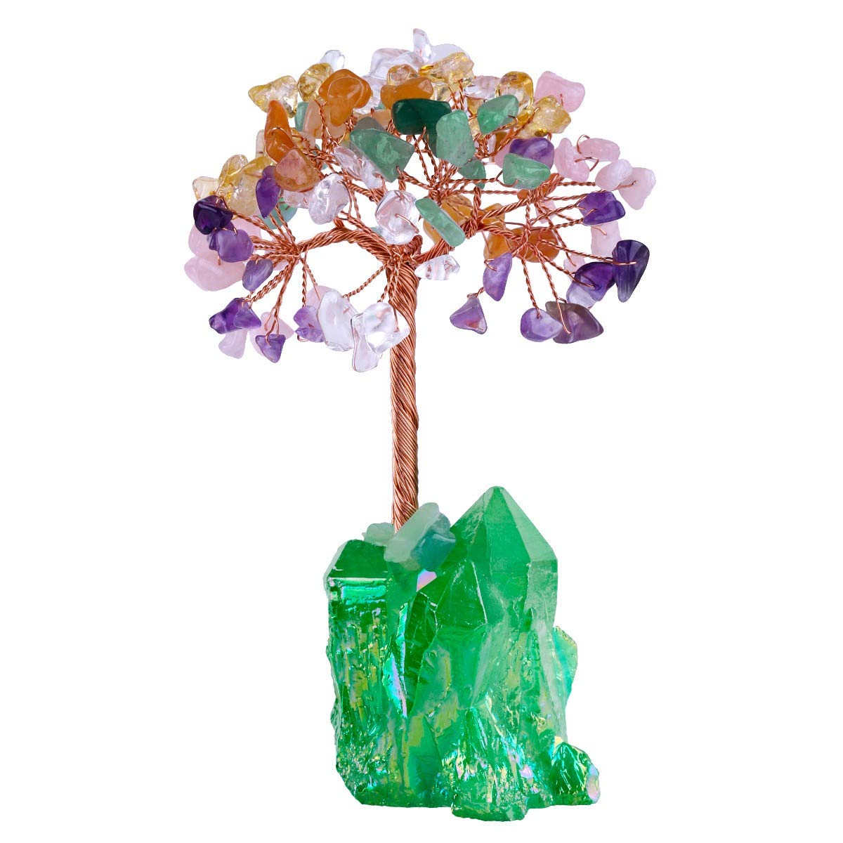 mookaitedecor Reiki Crystal Money Tree,Gemstone Feng Shui Ornaments Tree of Life Figurines,Titanium Coated Green Stone Cluster Base